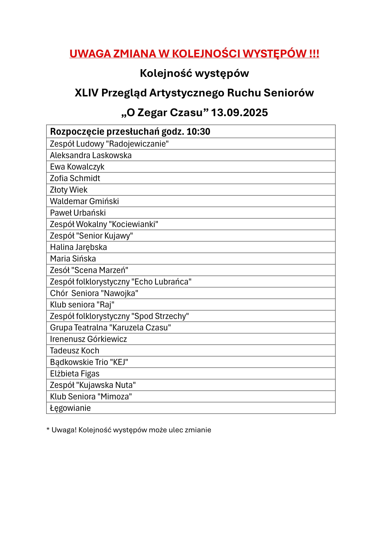 UWAGA ZMIANA W KOLEJNOCI WYSTPW 1